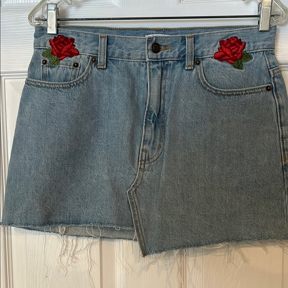 Denim Skirt with Rose Embroidery